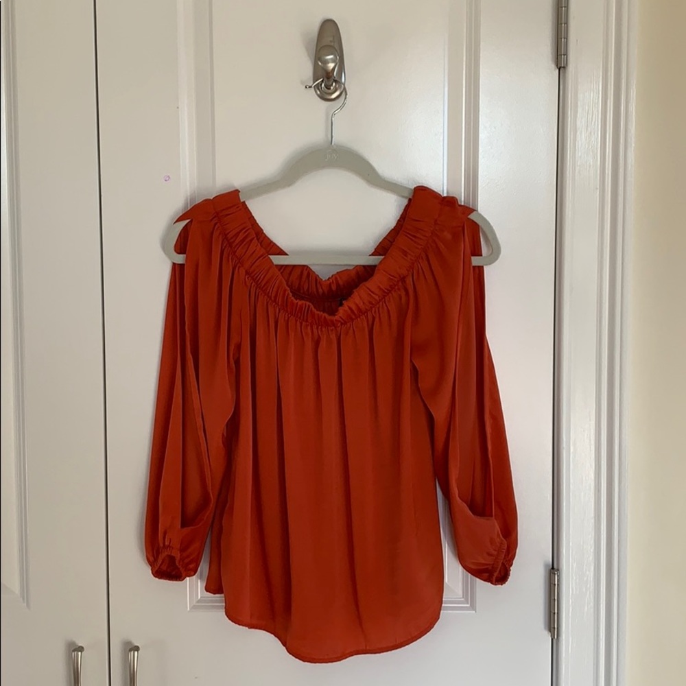 coral split sleeve off-shoulder satin blouse